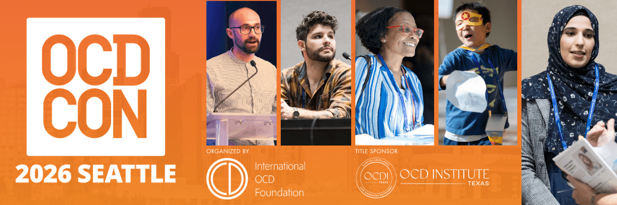 4 images of people attending the conferences with an orage square in the middle with the OCDCON logo